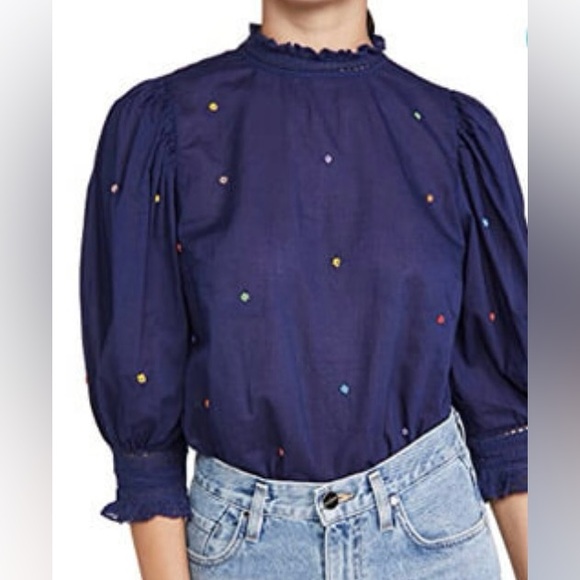 FARM Rio Tops - Farm Rio Embroidered Beaded Flowers Blouse With Puff Sleeves Women’s Size Lg